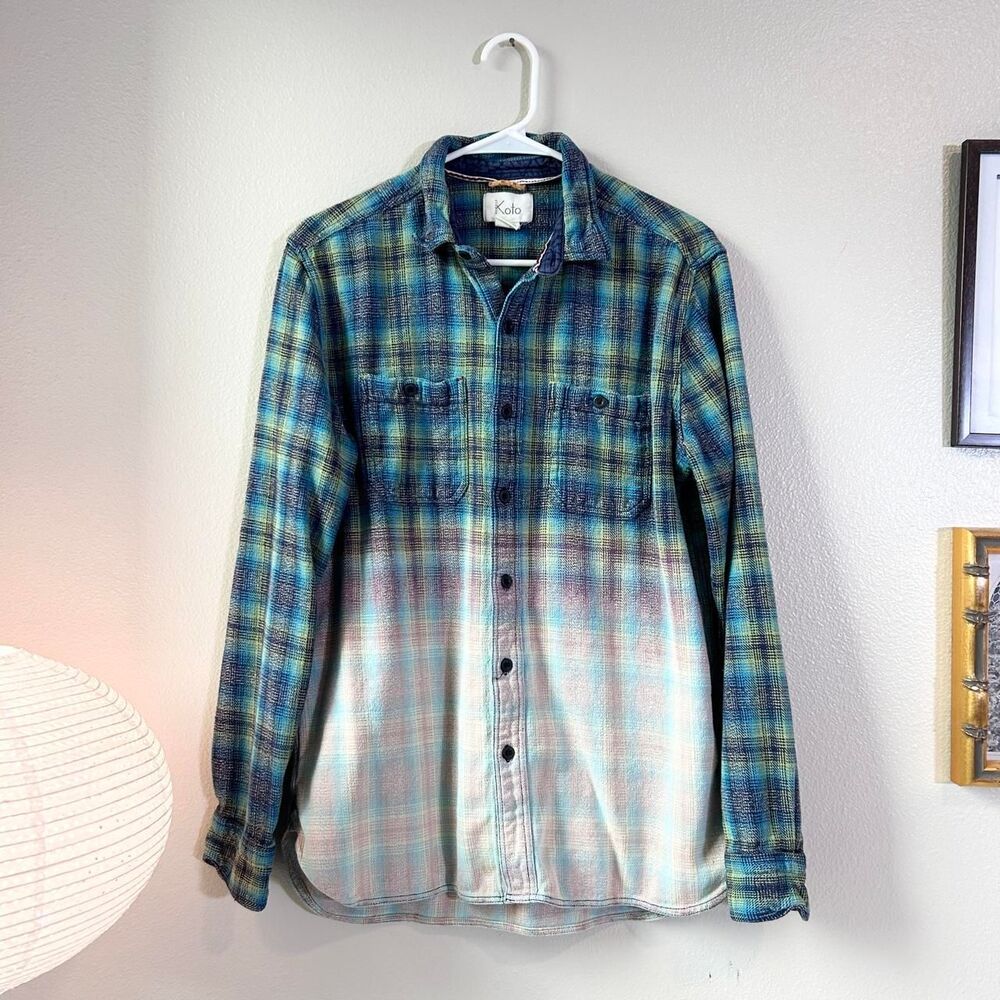 Koto blue green ombré plaid flannel button up M
